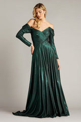 Alysia Off-Shoulder Pleated Drape Metallic Gown