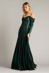 Alysia Off-Shoulder Pleated Drape Metallic Gown