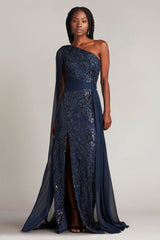 Ada Beaded One Shoulder Cape Sleeve Gown
