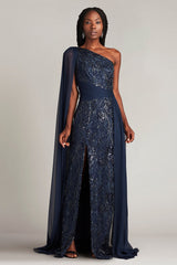 Ada Beaded One Shoulder Cape Sleeve Gown