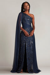 Ada Beaded One Shoulder Cape Sleeve Gown
