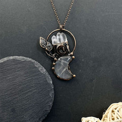 Clear Crystal Moon Plant Shape Pendant Gemstone Necklace