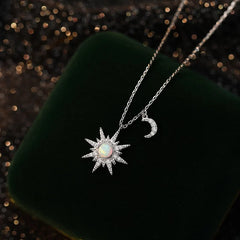 Opal Sun and Moon Dainty Pendant Necklace in 925 Sterling Silver