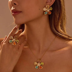 Flower Stainless Steel Twisted Rope Chain Pendant Necklace Multicolor