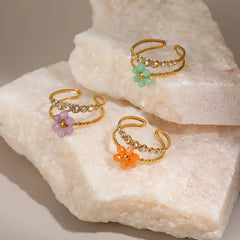 INS French Style Fresh Beaded Flower Stainless Steel Ring 18K Gold Plated Design Sense Hand Jewelry Wholesale