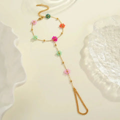 INS Style Elegant Design Beaded Flower Finger Ring Stainless Steel Bracelet Real Gold Plated Jewelry Wholesale
