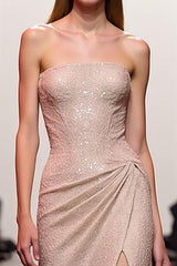 Sparkly Champagne Strapless Sequin Long Evening Dress with Slit