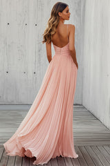 Pink Spaghetti Straps Chiffon Pleated Long Wedding Guest Dress