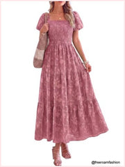 Boho Square Neck Smocked Maxi Dress with Pockets