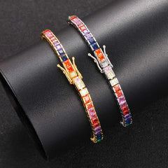 Men's Hip Hop Necklace 4*4mm Colorful Square Zircon Tennis Chain Copper Inlaid Fashionable Jewelry Accessory