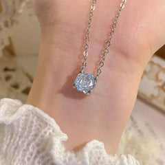 Millennium Rose Cut Paraiba Necklace For Women High Carbon Colorful Diamond Embedded Rose Flower Turquoise Lockbone Chain