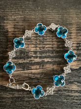 Ocean Blue Clover Station Bracelet with White Crystals