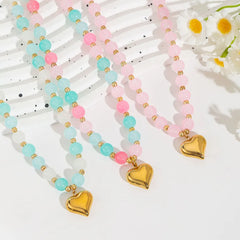 Cute Heart Shape Beaded Glass Necklace for Women with Rainbow Glass Inlay and Beaded Chain