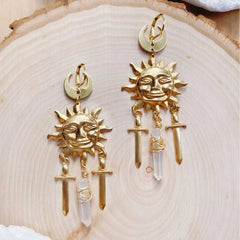Sun Pattern Earrings for Women in Alloy with White Crystal Inlay. Featuring Electroplated Finish and Copper Ear Pins