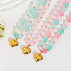 Cute Heart Shape Beaded Glass Necklace for Women with Rainbow Glass Inlay and Beaded Chain