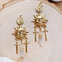 Sun Pattern Earrings for Women in Alloy with White Crystal Inlay. Featuring Electroplated Finish and Copper Ear Pins