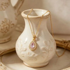 Water Droplets Hypoallergenic Necklace for Women in 316 Stainless Steel with 18K Real Gold PVD Coated and Zircon Inlay. Figaro Chain