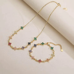 Flowers Jewelry Set for Women with Inlay Zircon. 18K Real Gold Plated Copper. Water Plating and Handmade Chain