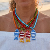 Fish Beading Necklace with Brass Pendant on Beaded Chain for Women. Plastic Material