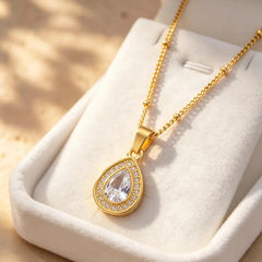 Water Droplets Hypoallergenic Necklace for Women in 316 Stainless Steel with 18K Real Gold PVD Coated and Zircon Inlay. Figaro Chain