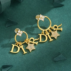 Electroplated Letter Earrings for Women in Copper with 18K Real Gold Water Plating and Zircon Inlay