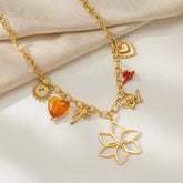 Heart Shape Multi Charms Necklace for Women. Waterproof Non Tarnish 304 Stainless Steel with 18K Real Gold PVD Coated Plating