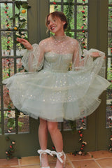 Puffy Long Sleeves Sage Green A-line Homecoming Dress