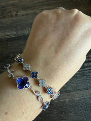 Sapphire Blue Clover Silver Bracelet Set VCA Vine Inspired Tennis 6.5 Inches Clasp Closure