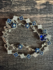 Sapphire Blue Clover Silver Bracelet Set VCA Vine Inspired Tennis 6.5 Inches Clasp Closure