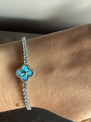 Turquoise Clover Silver Bracelet Tennis Solitaire Pull-Up Closure Adjustable Size