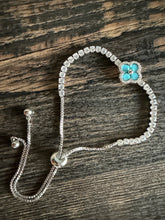 Turquoise Clover Silver Bracelet Tennis Solitaire Pull-Up Closure Adjustable Size