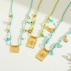 Wholesale Jewelry Elegant Cute Romantic Geometric Eye 304 Stainless Steel Acrylic Imitation Pearl Zircon 14K Gold Plated Plating Inlay Cord String Multi Charms Necklace