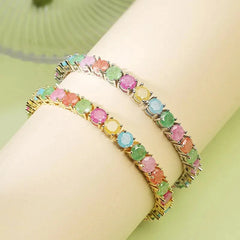 Multicolor Round Tennis Chain Bracelet Zircon 18K Gold Plated Plating Inlay