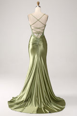 Sparkly Mermaid Sage Spaghetti Straps Satin Prom Dress With Slit