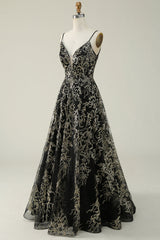 Black Golden Spaghetti Straps Open Back Prom Dress