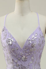 Mermaid Spaghetti Straps Purple Beaded Prom Dress with Slit