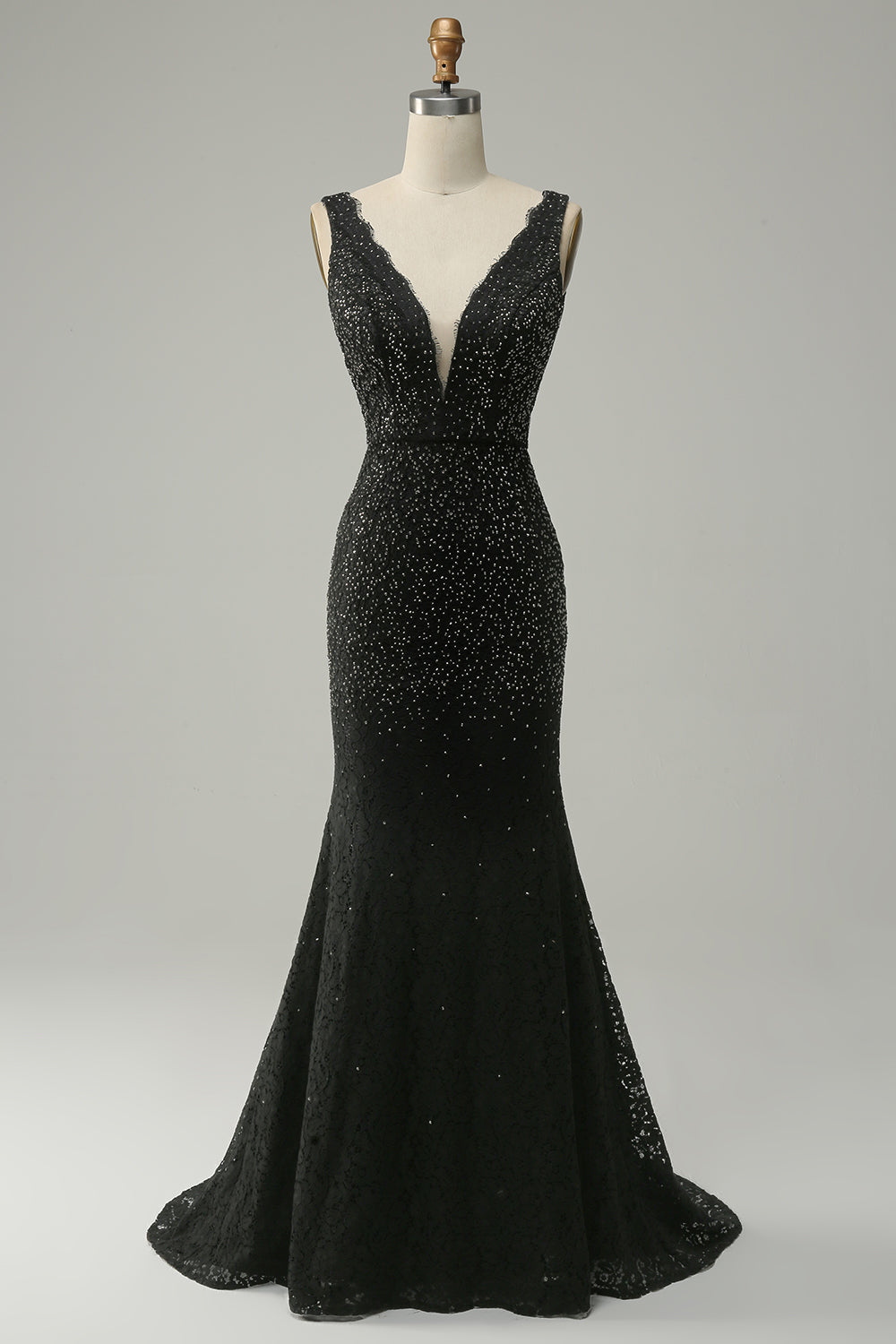 Mermaid Beaded V-Neck Black Prom Dress