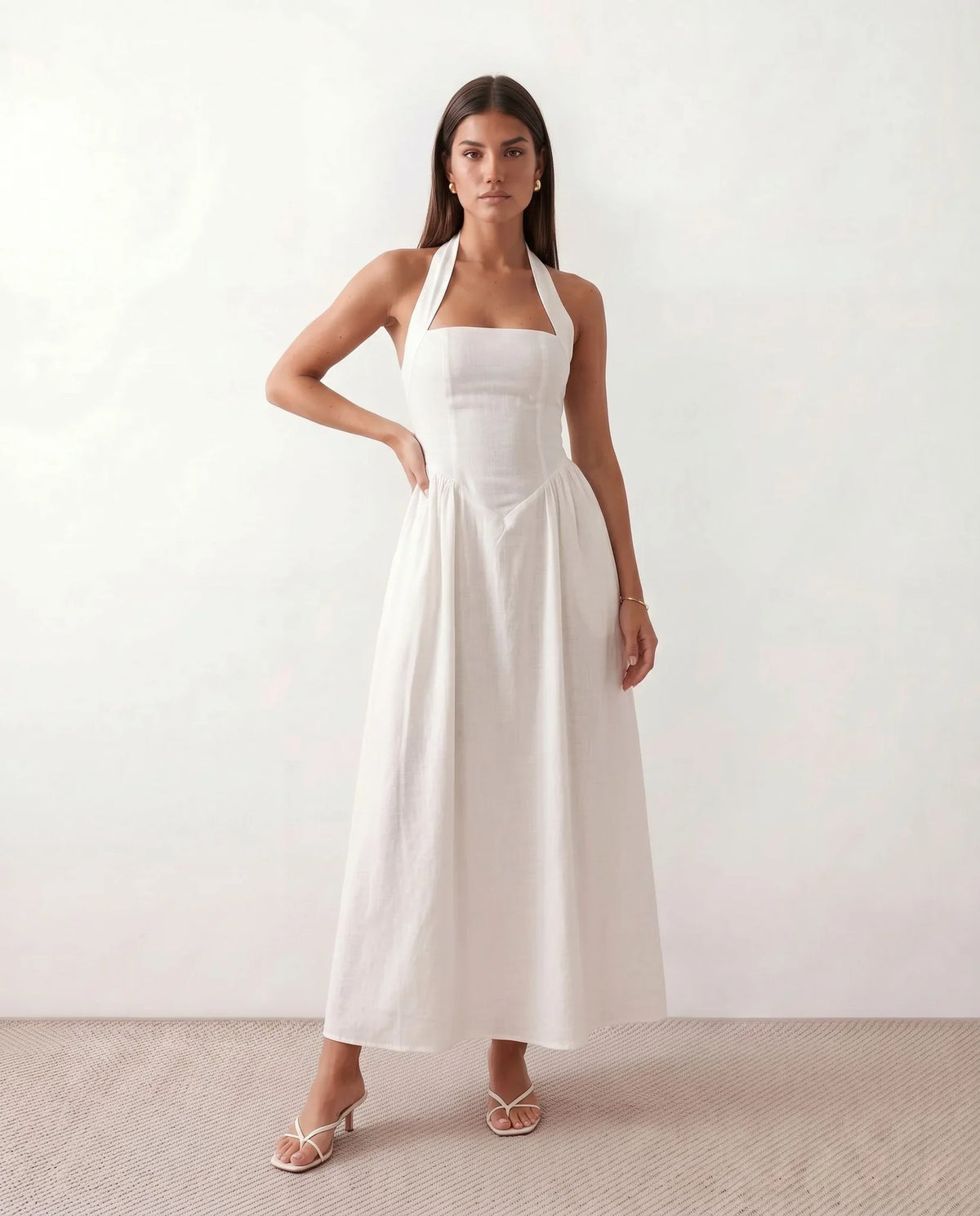 Aurora Basque Waist Halter Maxi Dress