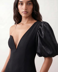 Avery Asymmetric Neck Plunge Neck Midi Dress