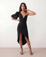 Avery Asymmetric Neck Plunge Neck Midi Dress