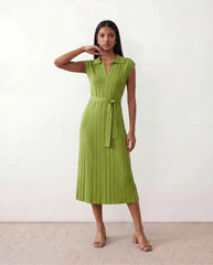 Etta Pleated Belted Midi Dress