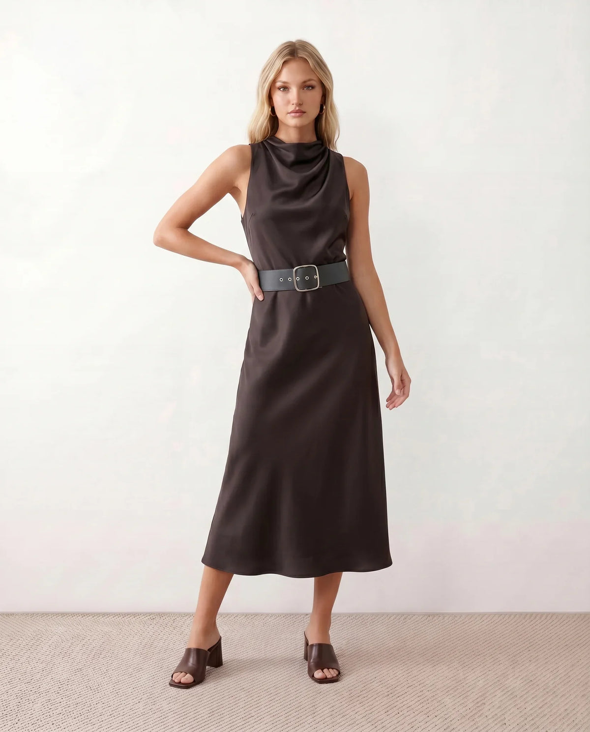 Eden Glossy Cowl Neck Midi Dress