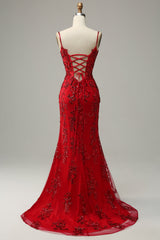 Red Spaghetti Straps Appliques Prom Dress with Slit