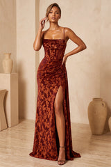 Burgundy Corset Spaghetti Straps Velvet Long Wedding Guest Dress with Slit