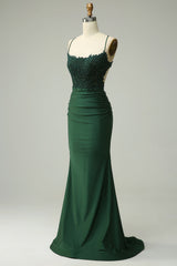 Mermaid Dark Green Satin Spaghetti Straps Prom Dress
