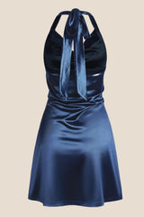Navy Blue Cowl Neck Halter Soft Satin Mini Dress