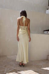 Call Me Yours Lace Halter Satin Maxi Dress Lemon