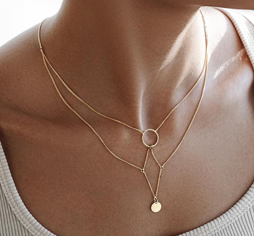 Elegant Layering Round Geometric Pendant Choker Necklace Waterproof Hypoallergenic