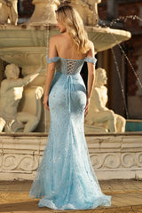 Sparkly Blue Mermaid Off the Shoulder Long Corset Prom Dress with Slit