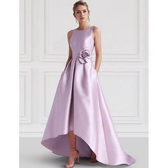 Beach Wedding A-Line Cocktail Dresses Elegant Dress Formal Wedding Guest Floor Length Sleeveless Boat NeckDress Satin with Pocket Dresses